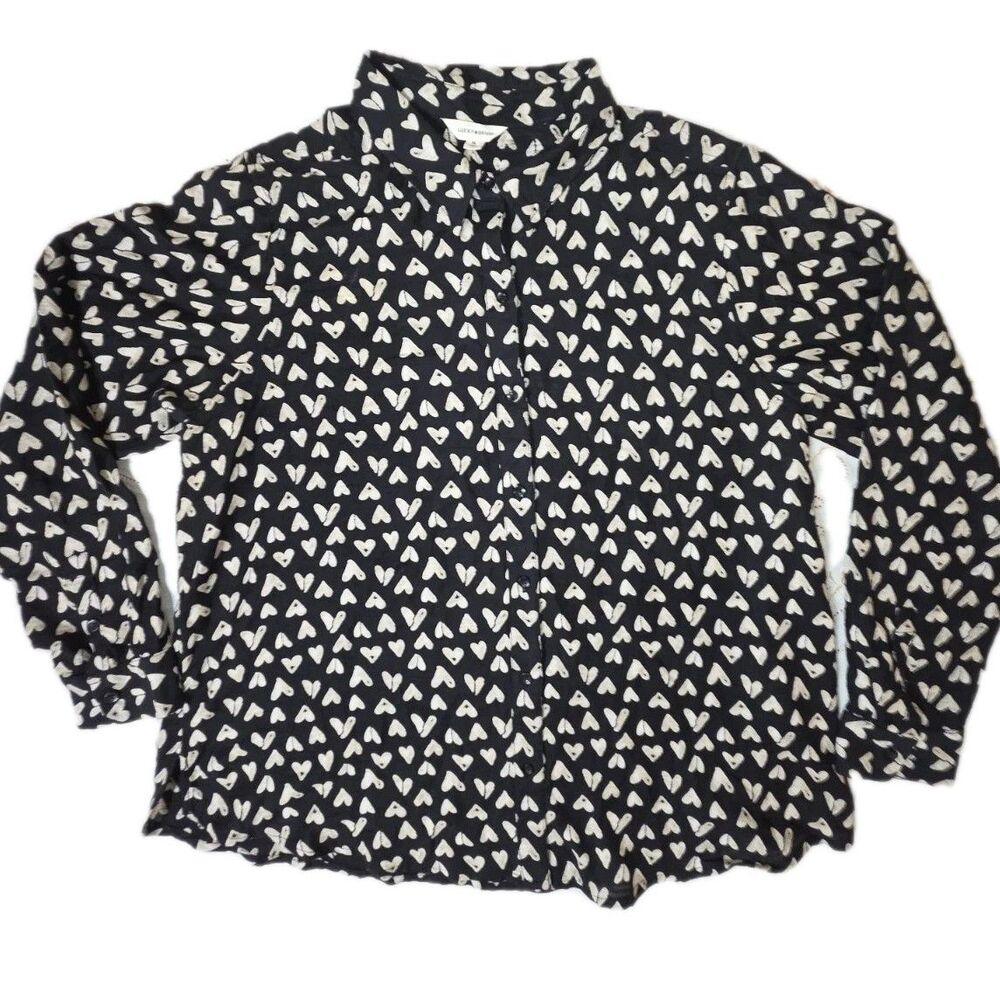 Lucky Brand, Heart Pattern, Sz Large, Black Long Sleeve Button Down Collared top